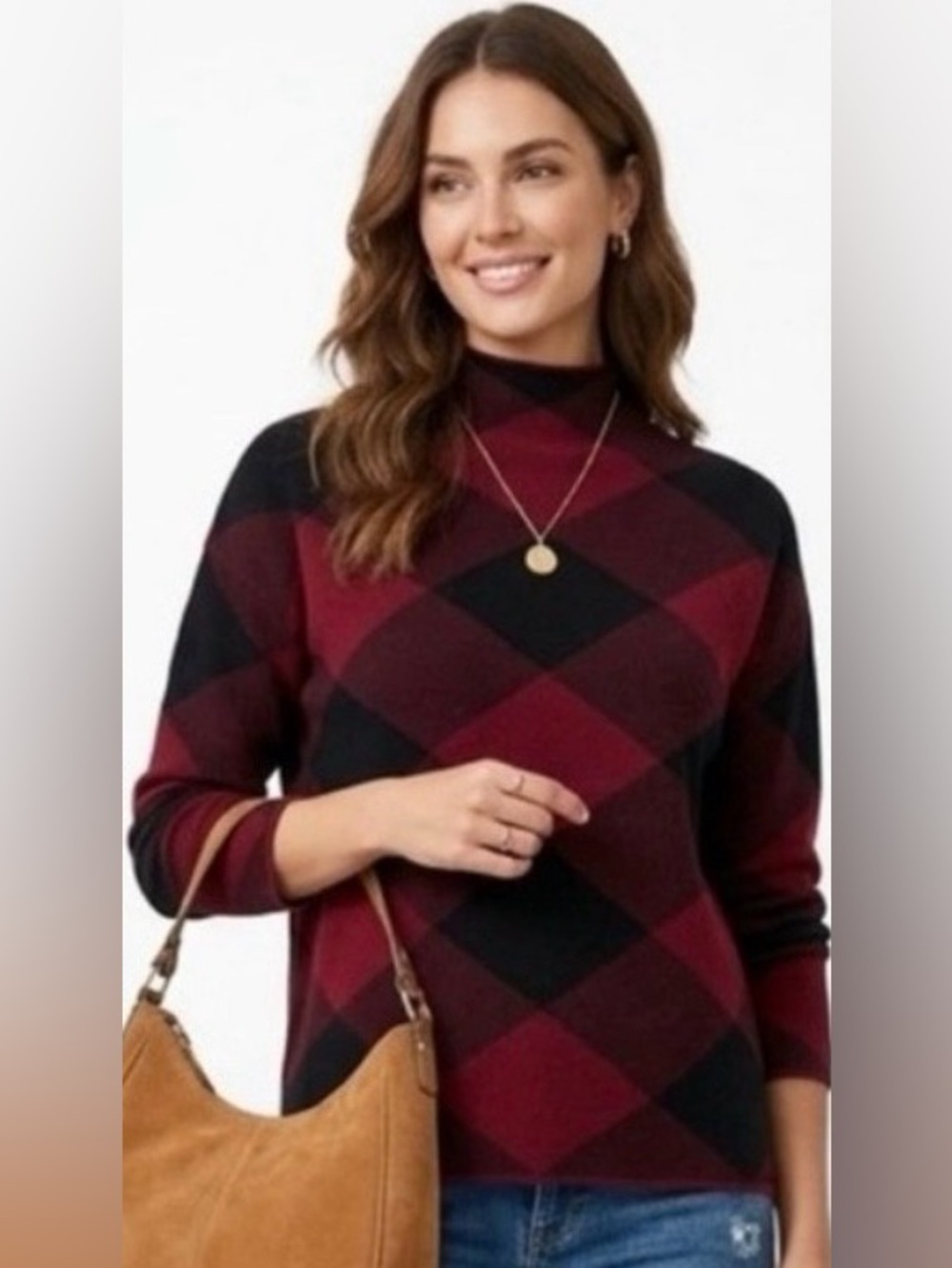 Tahari Burgundy & Black Diamond Plaid Mock Neck Argyle Pull over Sweater